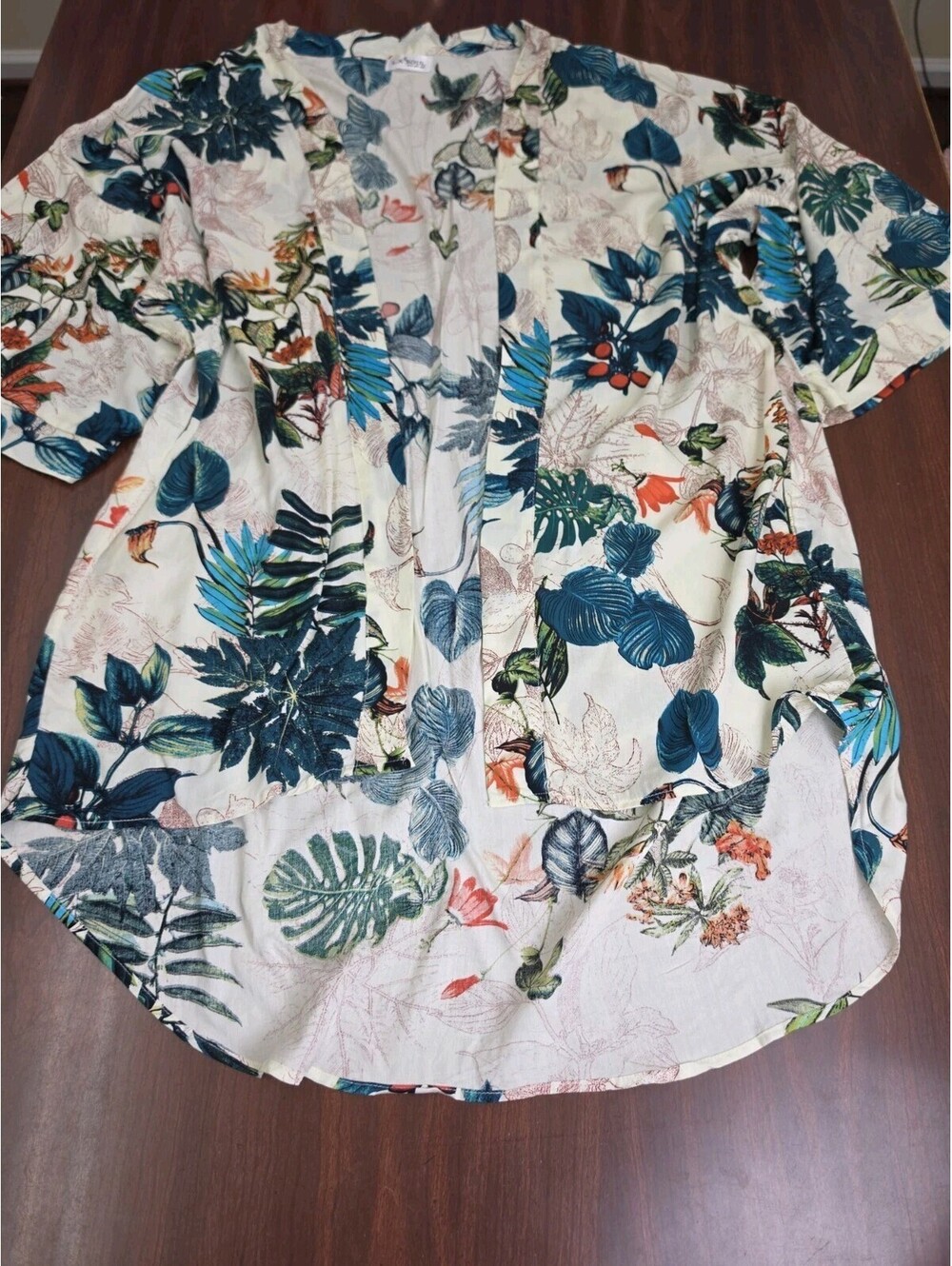 LA Soul Kimono Cardigan M/L Ivory Tropical Leaf Floral Open Front Duster Chic